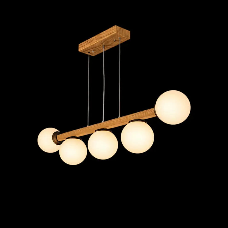 Handmade Wood Linear Pendant Light - Frosted Glass Globe Chandelier - Light Fixture for Dining Room, Kitchen Island or Living Room