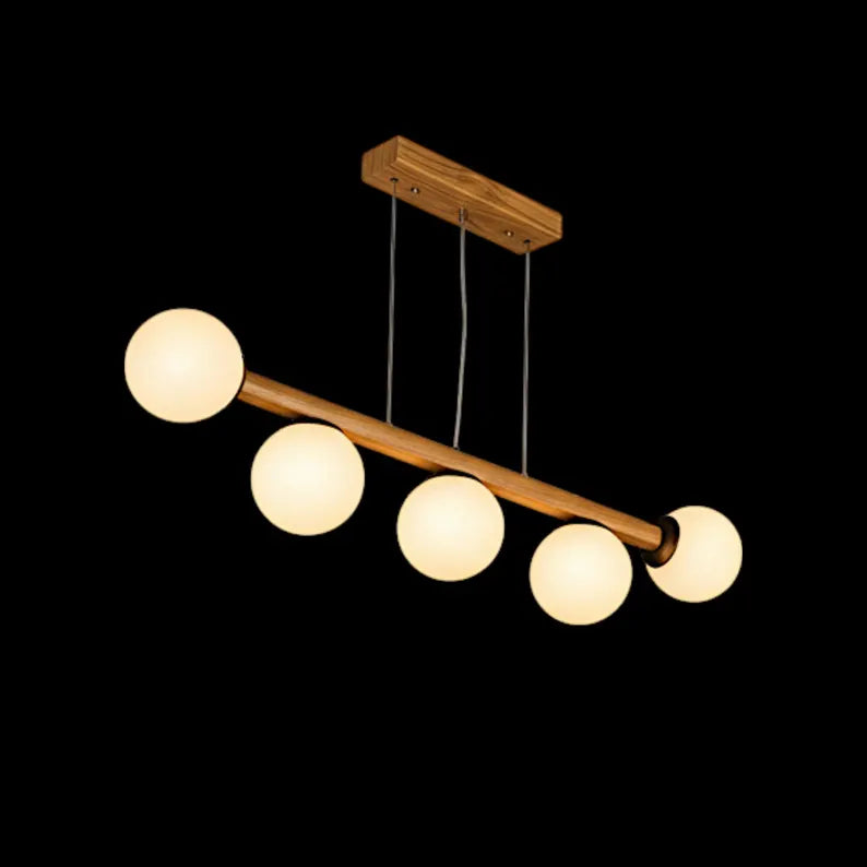 Handmade Wood Linear Pendant Light - Frosted Glass Globe Chandelier - Light Fixture for Dining Room, Kitchen Island or Living Room