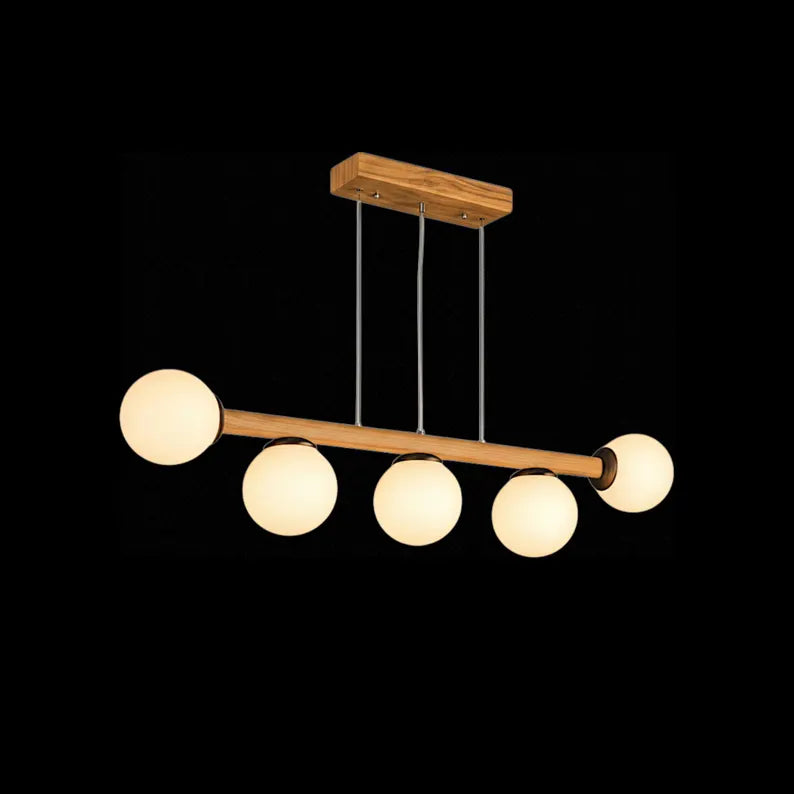 Handmade Wood Linear Pendant Light - Frosted Glass Globe Chandelier - Light Fixture for Dining Room, Kitchen Island or Living Room