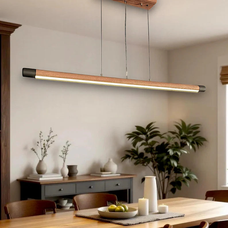 Handmade Wood Pendant Light - Linear Dimmable Ceiling Lamp - Light Fixture for Dining Room, Kitchen Island or Living Room - Home Decor Light