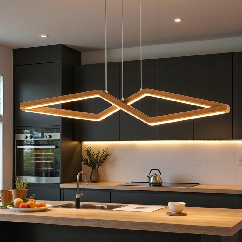 Modern Wood LED Chandelier - Geometric Pendant Light - Dimmable Ceiling Lamp - Light Fixture for Dining Room,reception table, office table, Kitchen Island or Living Room