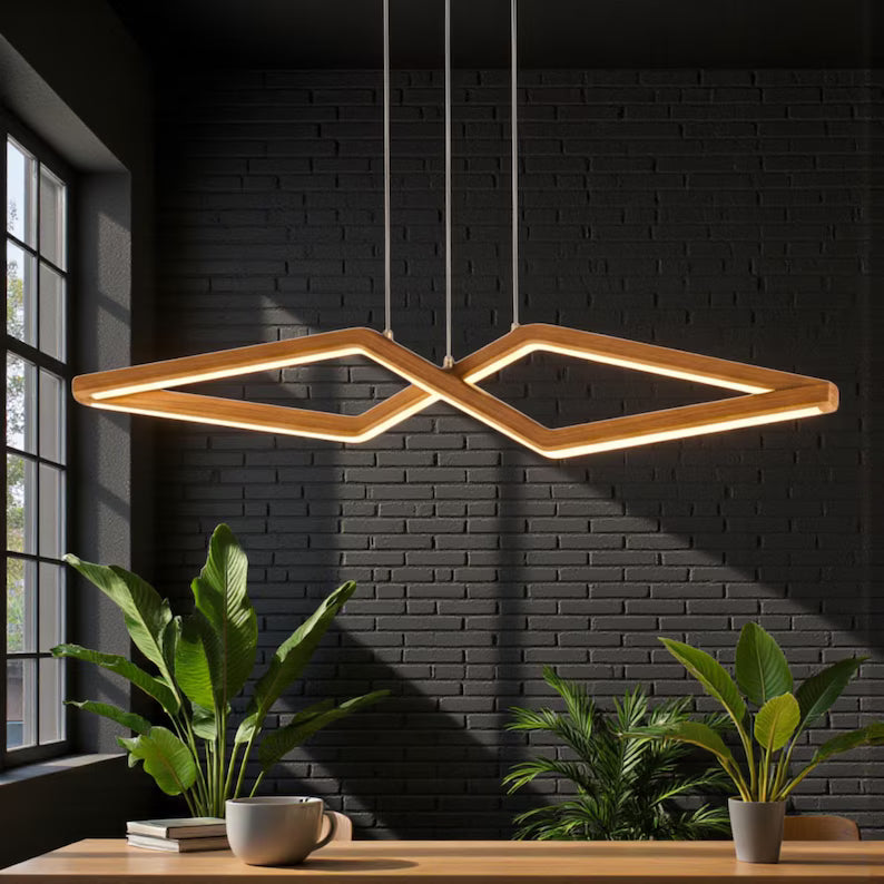 Modern Wood LED Chandelier - Geometric Pendant Light - Dimmable Ceiling Lamp - Light Fixture for Dining Room,reception table, office table, Kitchen Island or Living Room