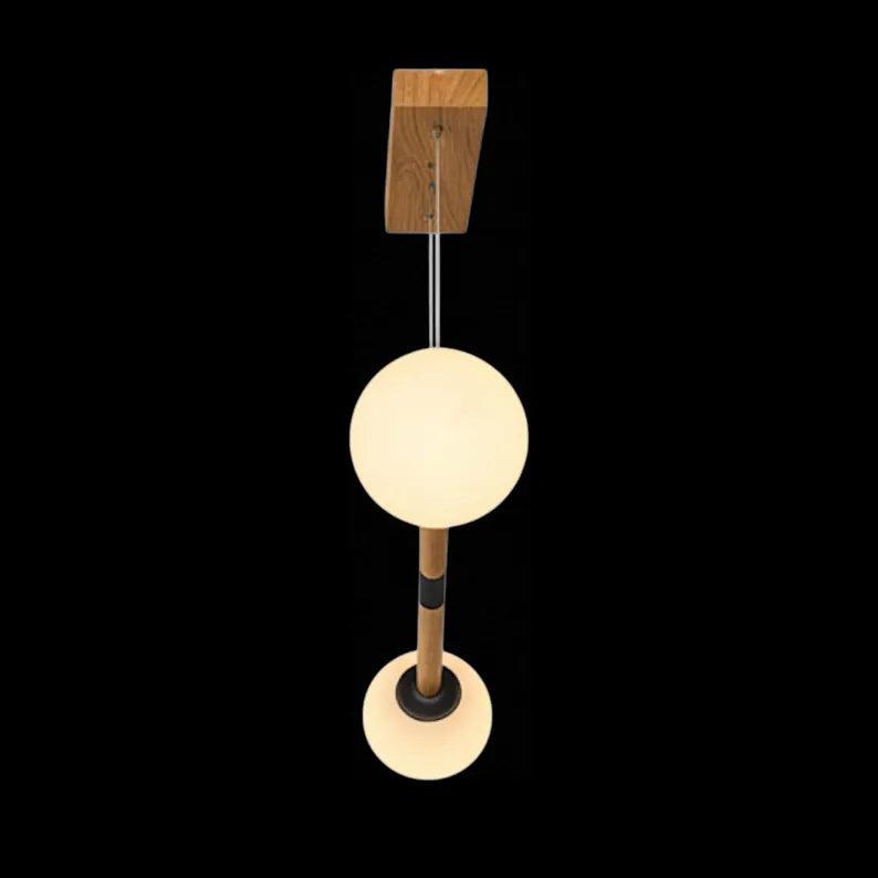 Handmade Wooden Pendant Light - Modern Linear Chandelier with Glass Globes - Light Fixture for Dining Room, Kitchen Island or Living Room