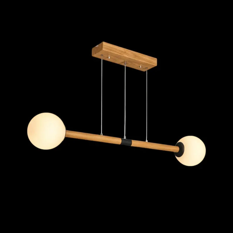 Handmade Wooden Pendant Light - Modern Linear Chandelier with Glass Globes - Light Fixture for Dining Room, Kitchen Island or Living Room