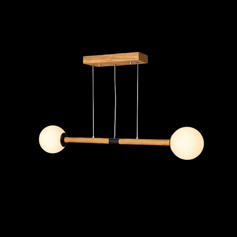 Handmade Wooden Pendant Light - Modern Linear Chandelier with Glass Globes - Light Fixture for Dining Room, Kitchen Island or Living Room
