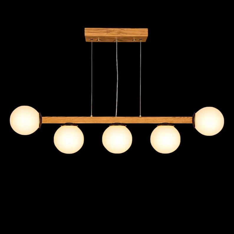 Handmade Wood Linear Pendant Light - Frosted Glass Globe Chandelier - Light Fixture for Dining Room, Kitchen Island or Living Room