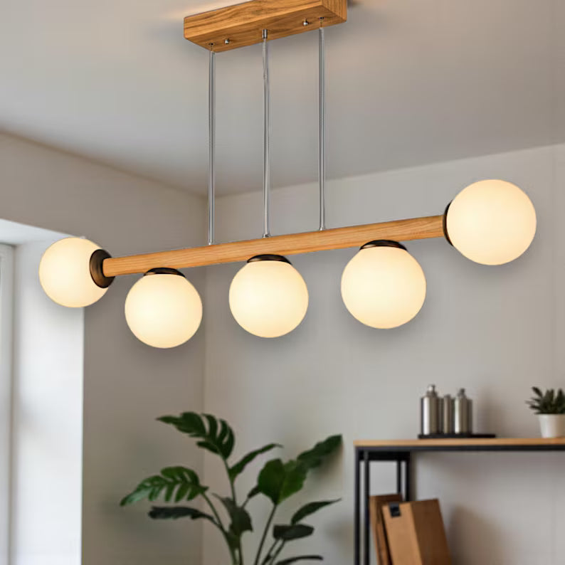 Handmade Wood Linear Pendant Light - Frosted Glass Globe Chandelier - Light Fixture for Dining Room, Kitchen Island or Living Room