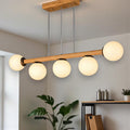 Handmade Wood Linear Pendant Light - Frosted Glass Globe Chandelier - Light Fixture for Dining Room, Kitchen Island or Living Room