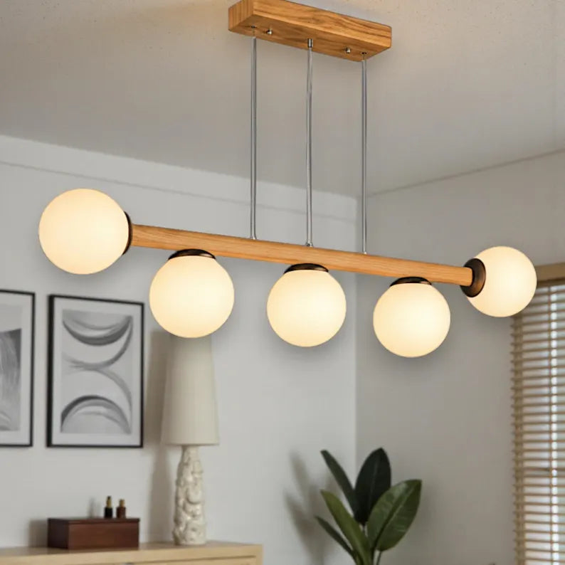 Handmade Wood Linear Pendant Light - Frosted Glass Globe Chandelier - Light Fixture for Dining Room, Kitchen Island or Living Room