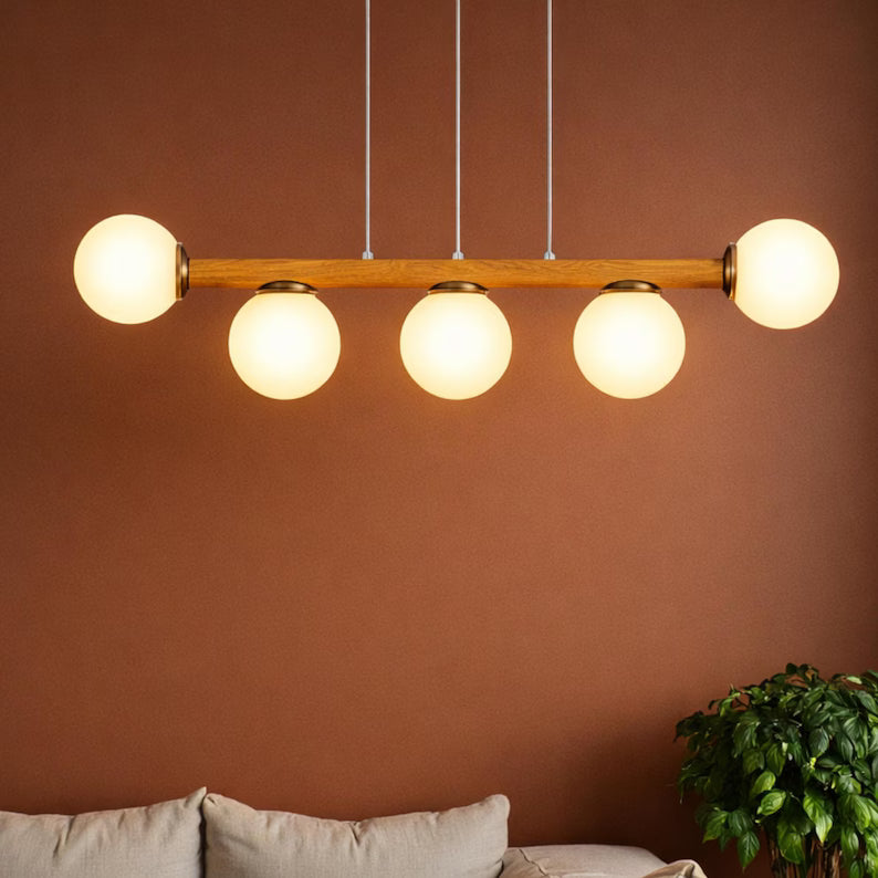 Handmade Wood Linear Pendant Light - Frosted Glass Globe Chandelier - Light Fixture for Dining Room, Kitchen Island or Living Room