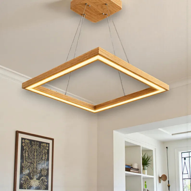 Handmade Square Wood Pendant Light - Wooden Ceiling Lamp - Led Chandelier - Light Fixture for Dining Room, Kitchen Island or Living Room