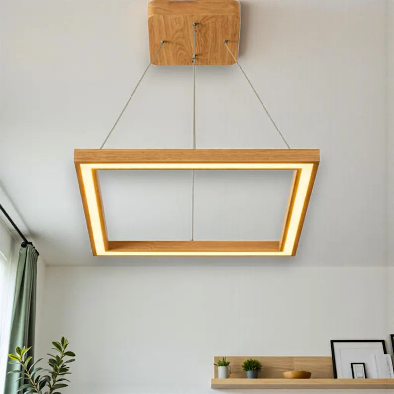 Handmade Square Wood Pendant Light - Wooden Ceiling Lamp - Led Chandelier - Light Fixture for Dining Room, Kitchen Island or Living Room