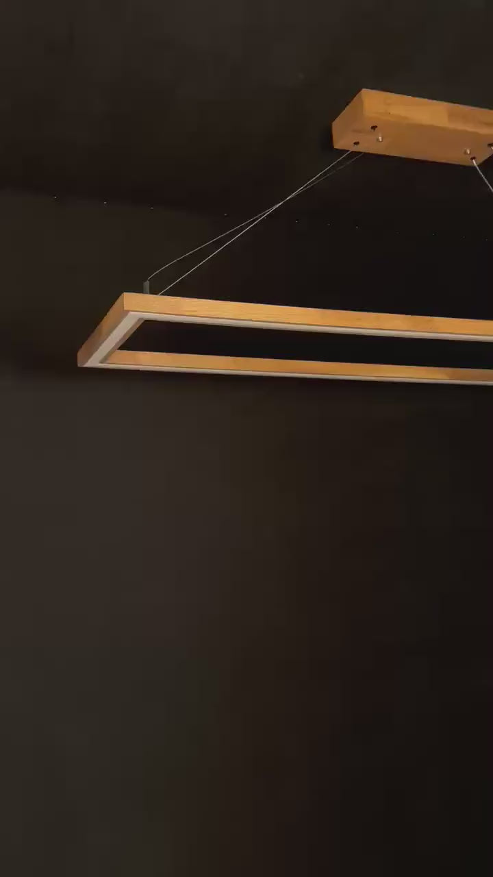 Dimmable Wooden Pendant Light – Ceiling Wood Lighting - Modern Led Chandelier for Dining Room or Kitchen Island -Rectangular Handmade Lamp